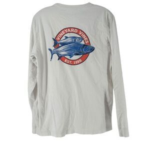 Vineyard Vines Graphic Tee Mackerel Long Sleeve White Mens Size S Preppy Crew